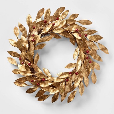 22in Unlit Gold Leaf with Red Berries Artificial Christmas Wreath - Wondershop&#8482;