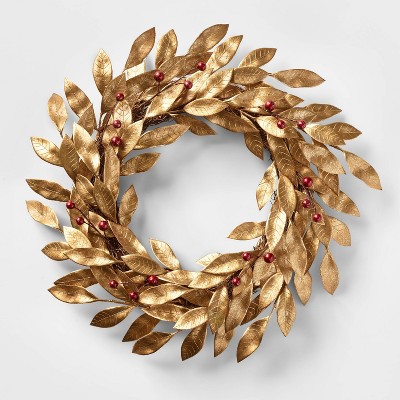 22in Unlit Gold Leaf with Red Berries Artificial Wreath - Wondershop™