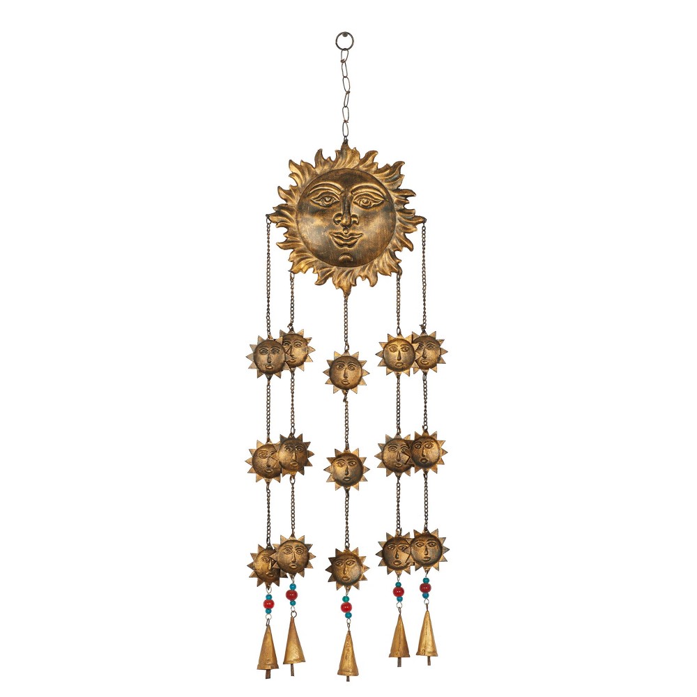 37" Iron Eclectic Sun Windchime Brass/Blue/Orange - Olivia & May: Coastal Bohemian Decor, Easy Hanging