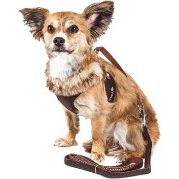 Pet Life Luxe 'Furracious' 2-in-1 Mesh Reversed Adjustable Dog Harness-Leash w/ Removable Fur Collar Brown / Large