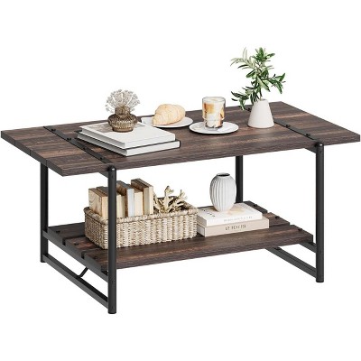 2-Tier Industrial Coffee Table with Storage Shelf Farmhouse Wood and Metal Rectangle Center Coffee Table