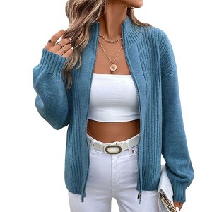 Coolmee Women's Zip Up Chunky Knit Sweater Long Sleeve Open Front Cardigan Warm Outwear Coat - 1 of 4