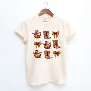 Simply Sage Market Women's Coquette Pumpkin and Cowboy Boots Short Sleeve Garment Dyed Tee - 1 of 4