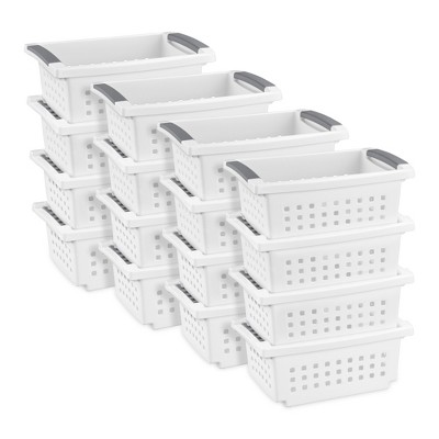 Sterilite Small Plastic Stacking Storage Basket Container Totes w/ Comfort Grip Handles and Flip Down Rails for Household Organization