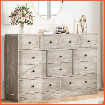 Homhougo Dresser for Bedroom,12 Drawer Dressers & Chests of Drawers, Wood Storage Drawer Dresser with Power Outlet, 61 Inch Natural