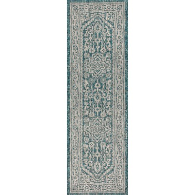 Vintage Medallion Flatweave Indoor/Outdoor Rug in Gray - 2' x 8'