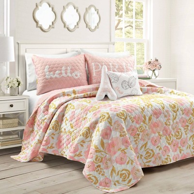 4pc Twin XL Watercolor Rose Paris Glitter Quilt Set Blush/Yellow - Lush Décor