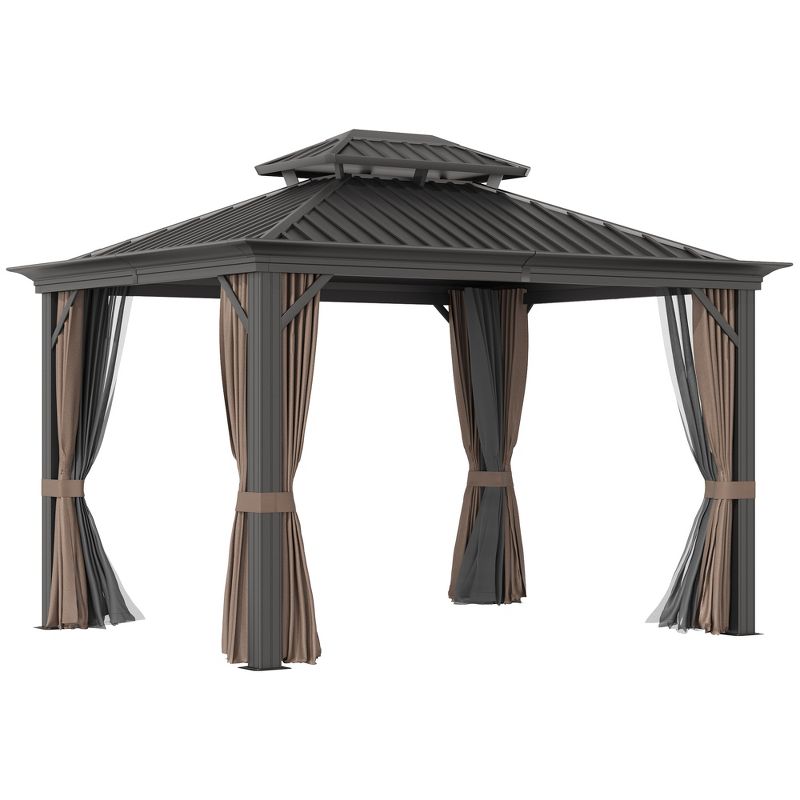 Outsunny Patio Gazebo, Netting & Curtains, 2 Tier Double Vented Steel Roof, Hardtop, Ceiling Hooks, Rust Proof Aluminum, 1 of 7