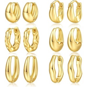 6 Pairs Gold Hoop Earrings Set, 14K Gold Plated Huggie & Chunky Styles. - 1 of 4