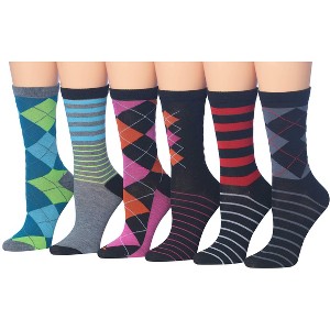 Tipi Toe Women's 6-Pairs Colorful Geometric Harmony Blusih Green Pinkish Red Funky Argyle Stripes Patterned Crew Dress Socks - 1 of 1