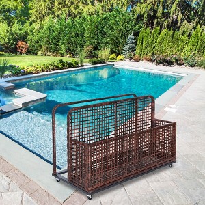 PE Rattan Poolside Float Storage Box with Rolling Wheels, Outdoor Patio Caddy, Sturdy Deck Organizer for Pool Toys, Floats & Beach Accessories, Brown - 1 of 4