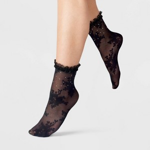 Women's Floral with Rhinestones and Lace Trim Sheer Anklet Socks - A New Day™ Black One Size - 1 of 2