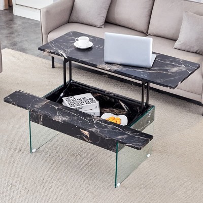 Modern Coffee Table with Lift Top, Grain Sticker, Tempered Glass Legs for DIY Art or Sticker, Perfect for Living Room or Office-Maison Boucle