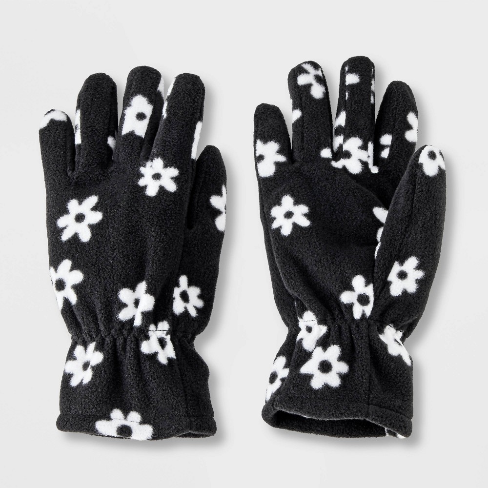 Girls' Fleece Floral Print Regular Gloves - Cat & Jack™ Black 8-16