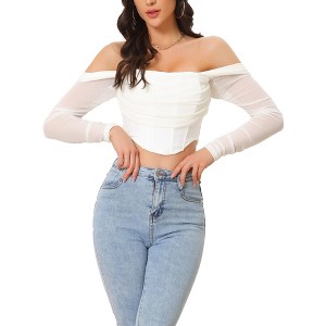Allegra K Women's Ruched Off Shoulder Push Up Party Mesh Sheer Long Sleeve Corset Crop Top - 1 of 4