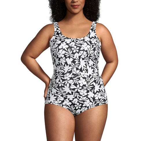 Lands' End Women's Plus Size Chlorine Resistant Soft Cup Tugless Sporty One  Piece Swimsuit - 24W - Black Havana Floral