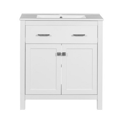 30" Bathroom Cabinet With Ceramic Sink, Solid Wood Frame Bathroom Vanity With Flip-out Drawer, Modern Storage Cabinet With 2 Soft-Close Doors