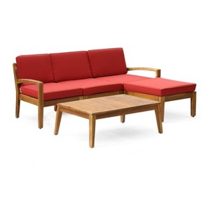 Grenada 5pc Acacia Sectional Sofa Set - Teak/Red - Christopher Knight Home: Weather-Resistant Outdoor Conversation Set with Coffee Table - 1 of 4