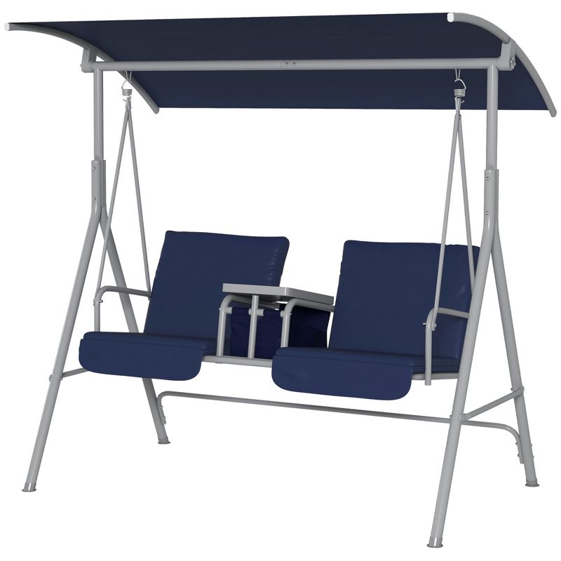 Outsunny 2 Person Porch Swing with Stand, Outdoor Swing with Canopy, Pivot Storage Table, 2 Cup Holders, Cushions for Patio, Backyard, Dark Blue, 4 of 7