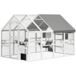 Wooden Catio Outdoor Cat Enclosure with Waterproof Cover, 2 Condos, 6 Platforms, Bridge, Doors - 1 of 4