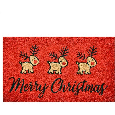 HomeRoots 24" X 36" Red and Black Coir Reindeer Merry Christmas Outdoor Christmas Door Mat