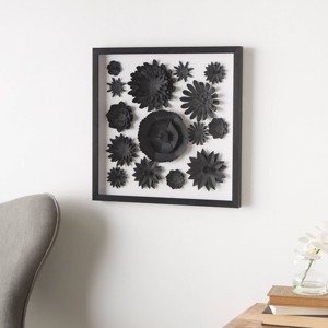 Olivia & May 20"x20" Paper Floral Cluster Shadow Box with Varying Shapes and Sizes Black: Modern Botanical Wall Art, Dry Clean Only - 1 of 4