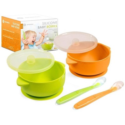 Image of Sperric Silicone Suction Baby Bowl with Lid - BPA Free - 100% Food Grade Silicone - Infant Babies And Toddler Self Feeding (Green & Orange)