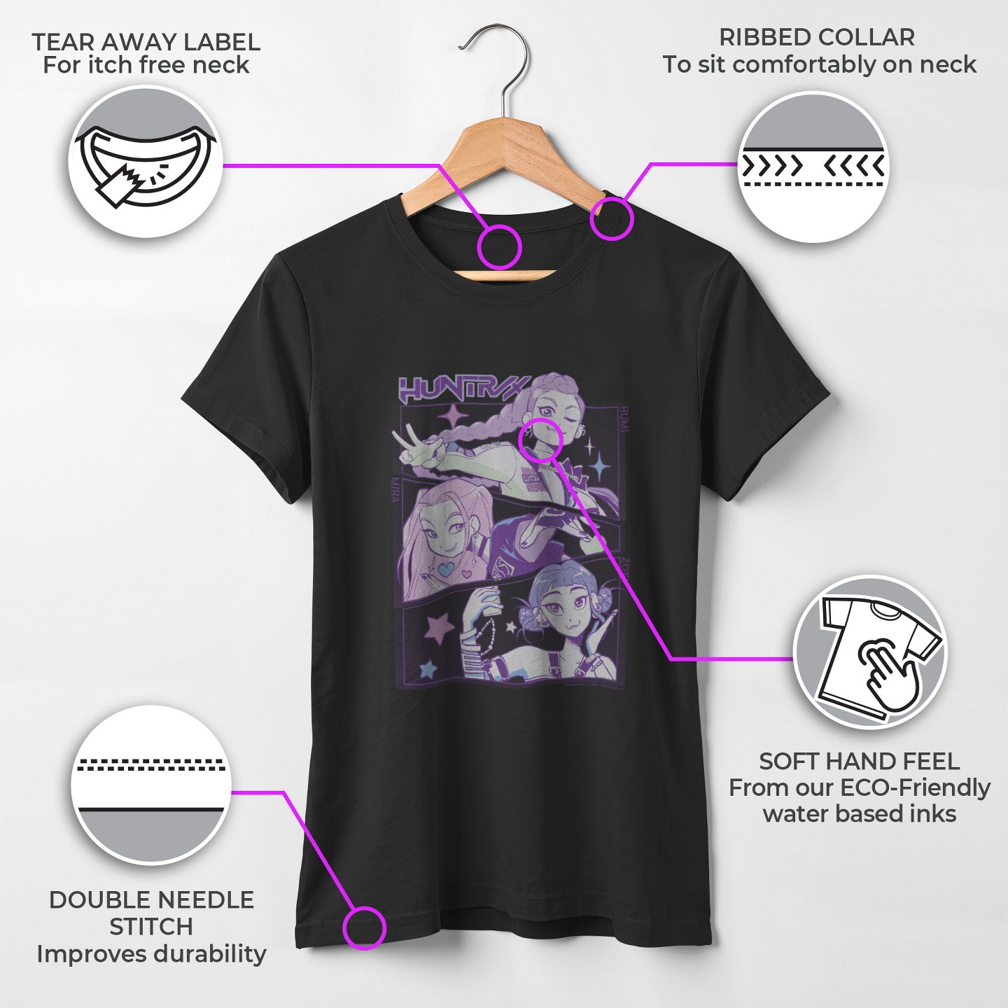 Футболка KPop Demon Hunters HUNTR/X Group Comic Panels T Shirt - Black для девочек, цвет: Чёрный — фото 3