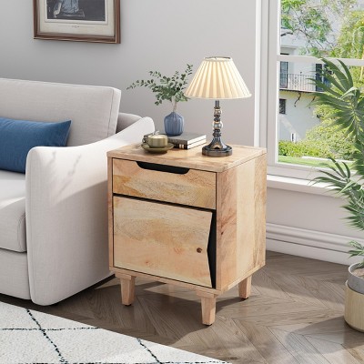 INFURNIC Nightstands Modern Natural Wood Nightstand with Storage Drawer and Cabinet for Bedroom Living Room, Beige, 18"*12"*24"