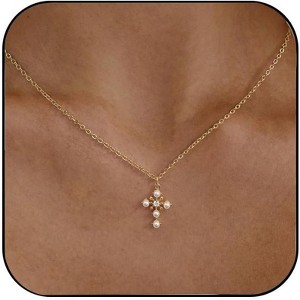 Dainty Gold Cross Necklace for Women, 14K Gold Plated Small Pendant Choker - 1 of 4