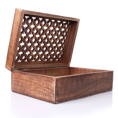 Medium Brown Mango Wood Keepsake Box with Trellis Design