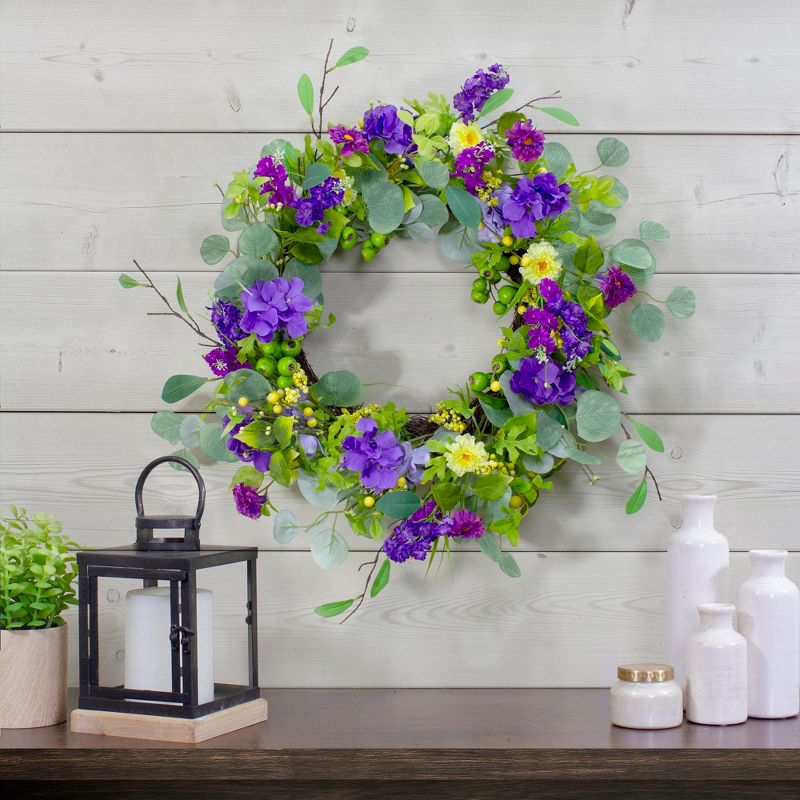 Northlight Eucalyptus and Hydrangea Floral Berry Spring Wreath, Purple and Yellow 23", 2 of 5
