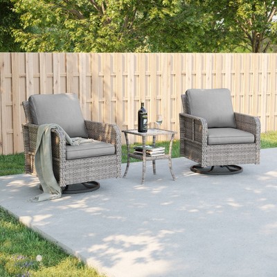Sonkuki Patio Bistro Sets, 3- Piece Outdoor Swivel Rocking Chairs Set of 2 with Rattan Side Table for Patio Porch Pool