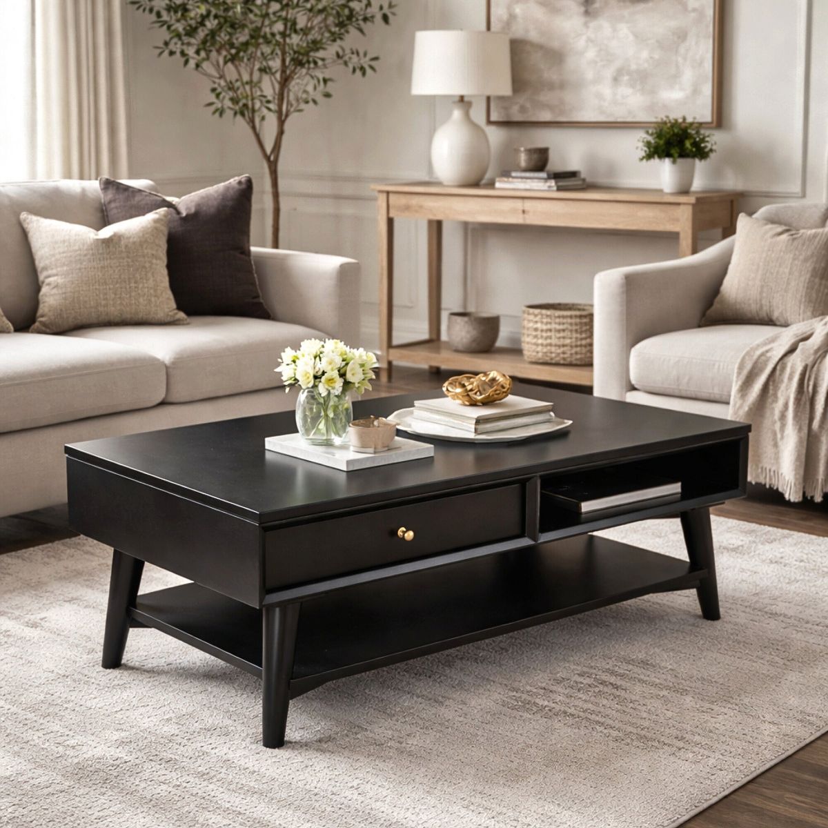 Flynn Mid-Century Coffee Table in Black | Alpine Furniture