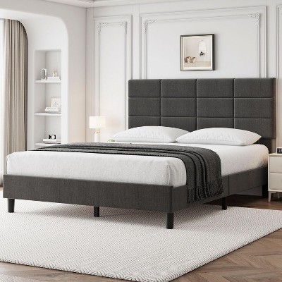 Homhougo Twin Bed Frame with Headboard, Linen Upholstered Twin Bed Frames with Solid Wooden Slats Support, No Box Spring Needed, Noise-Free, Grey