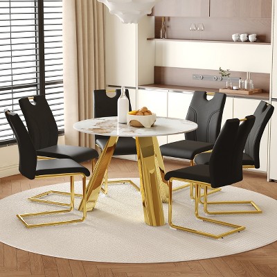FURNIinspire 6-Piece Round Dining Set With 42" White Faux Marble Table And 6 Black Upholstered Chairs, Modern Kitchen Furniture Set