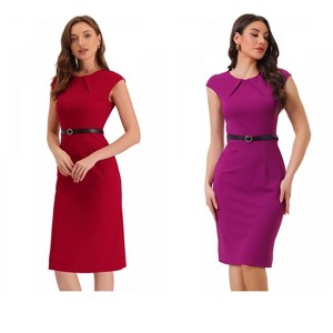 INSPIRE CHIC Women's Elegant Business Round Neck Belted Cap Sleeve Work Sheath Dresses 2 Packs - 1 of 4