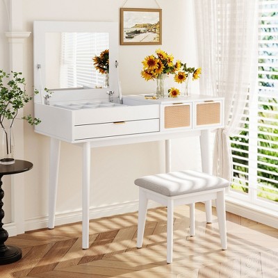 YOOCOZZ Versatile Vanity Set with Upholstered Stool, Flip-Top Mirror, 8 Storage Compartments and 3 Drawers
