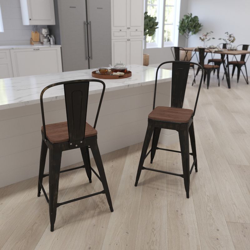 Merrick Lane Metal Dining Stool with Curved Slatted Back and Textured Wood Seat, 3 of 20