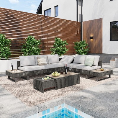 Outdoor Patio L-Shaped Sectional Sofa Set,6 Piece Outdoor Wicker Couch,Rattan Garden Furniture Sofa Set with Coffee Table and Cushions-Coolbibila