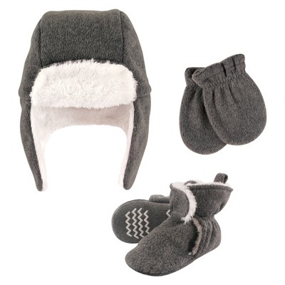 Hudson Baby Unisex Baby Trapper Hat, Mitten and Bootie Set, Heather Charcoal, 6-12 Months