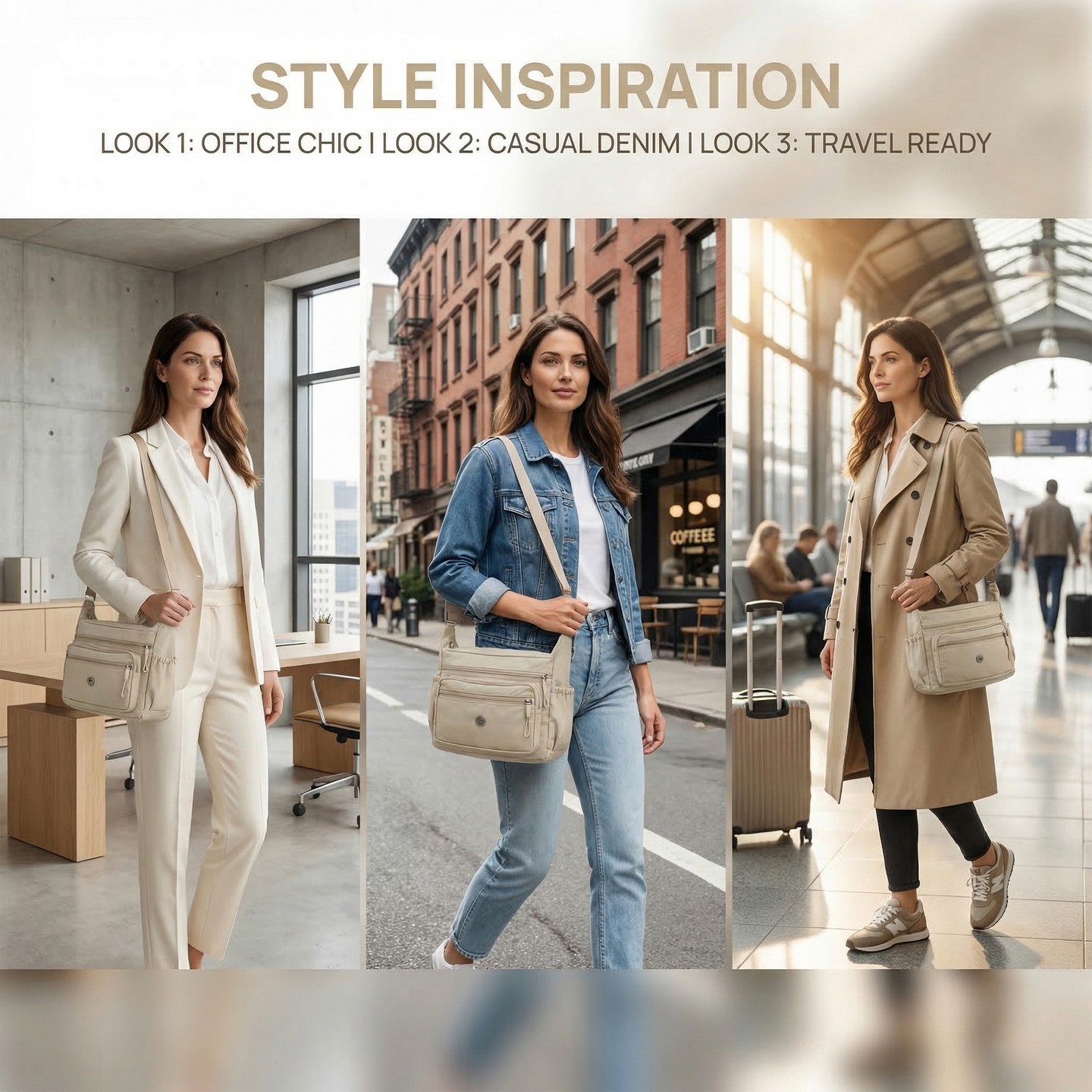 Сумки INSPIRE CHIC 2 Packs Crossbody for Women Multiple Pockets Shoulder Large Travel Purses with Adjustable Strap Khaki/Beige 11*3.9*7.9 inches, цвет: Хаки — фото 2