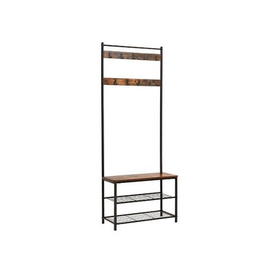 Metal and Wood Coat Rack with 9 Hooks and Storage Shelves Brown/Black - Benzara