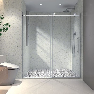 PexFix 76 in.x 60 in. Frameless Single Sliding Shower Door 8mm Tempered Glass With Adjustable Soft Closing Design for Spa Bathroom Brushed Nickel
