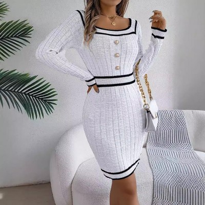 Women's Knitted Dress Bodycon Long Sleeve Black Trim Button Dress