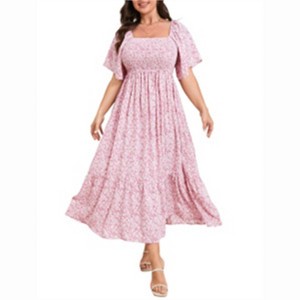 Clearlove Women's Summer Casual Short Sleeve Smocked Square Neck A Line Flowy Midi Dress Long Dress - 1 of 4