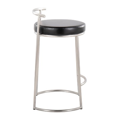 Set of 2 Black Leather and Metal Round Counter Stools