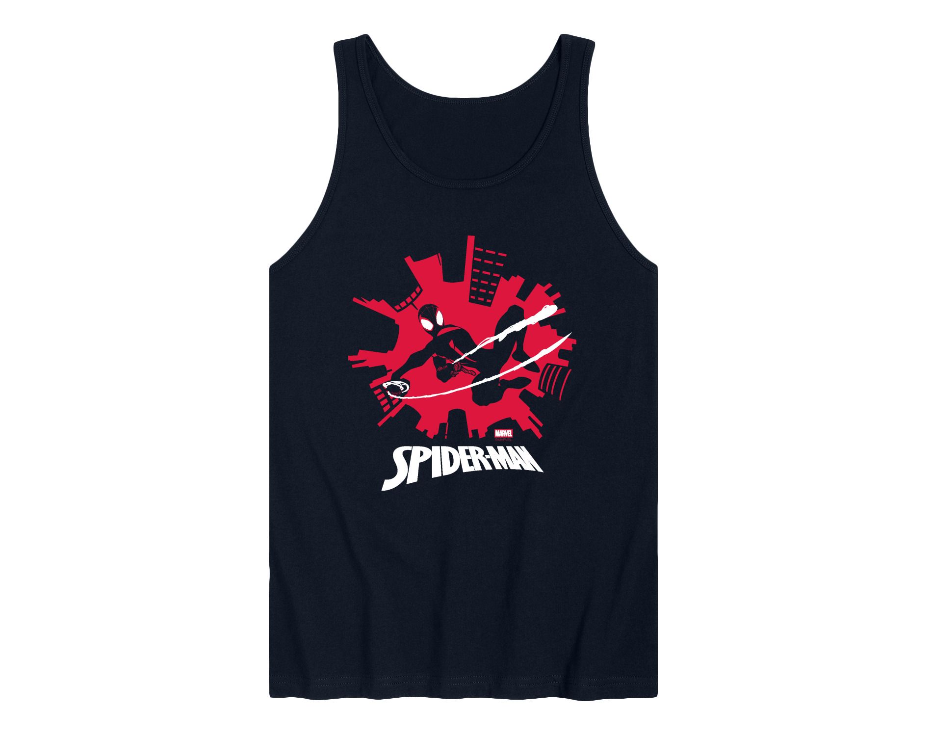 Men's Marvel Spider-Man Miles Skyline Graphic Tank Top - Navy - Small