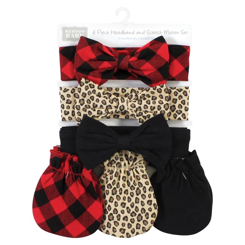 Hudson Baby Infant Girl Cotton Headband and Scratch Mitten Set, Buffalo Plaid Leopard, 0-6 Months, 2 of 6