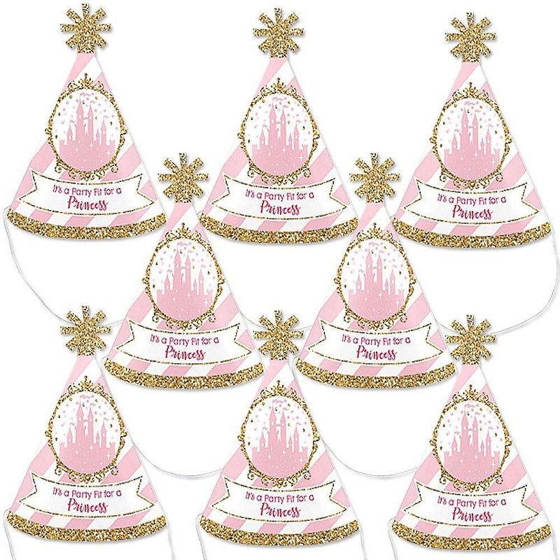 Big Dot of Happiness Little Princess Crown - Mini Cone Pink and Gold Princess Baby Shower or Birthday Party Hats - Small Little Party Hats - Set of 8, 1 of 9